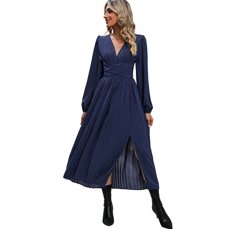 Women Long Viscose Maxi Dress with Wrap Waist, Deep V-Neck and High Slit