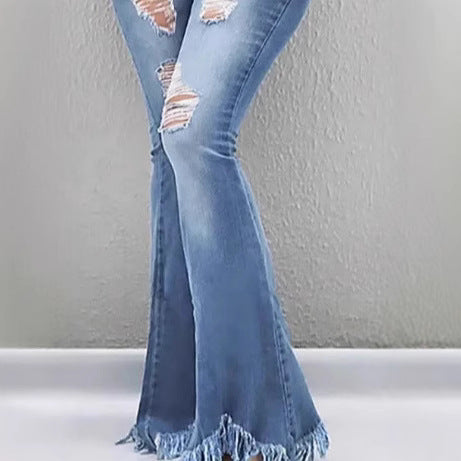Women High-Waist Flared-Jeans with sculpting cut, destroyed knee parts and frayed ruffle hem Chichicherry