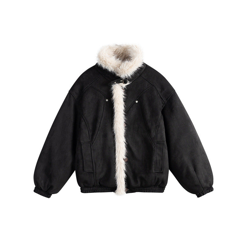 Women's short-cut bomber jacket in lambskin look with high stand-up collar and faux fur trim Chichicherry