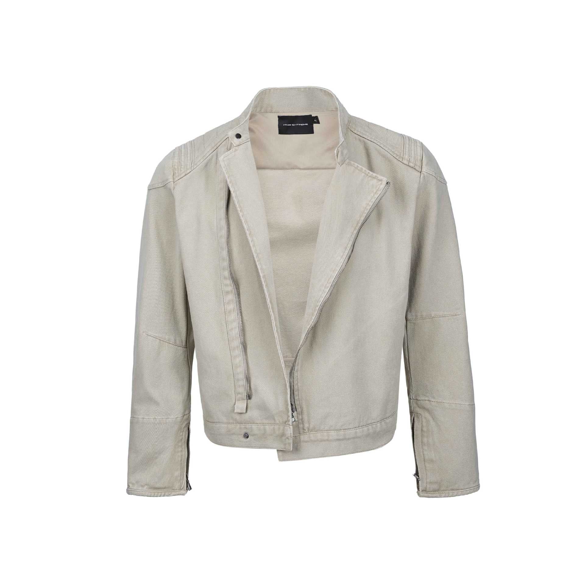 Men's short-cut asymmetric canvas biker jacket with funnel collar and zipper detail Chichicherry