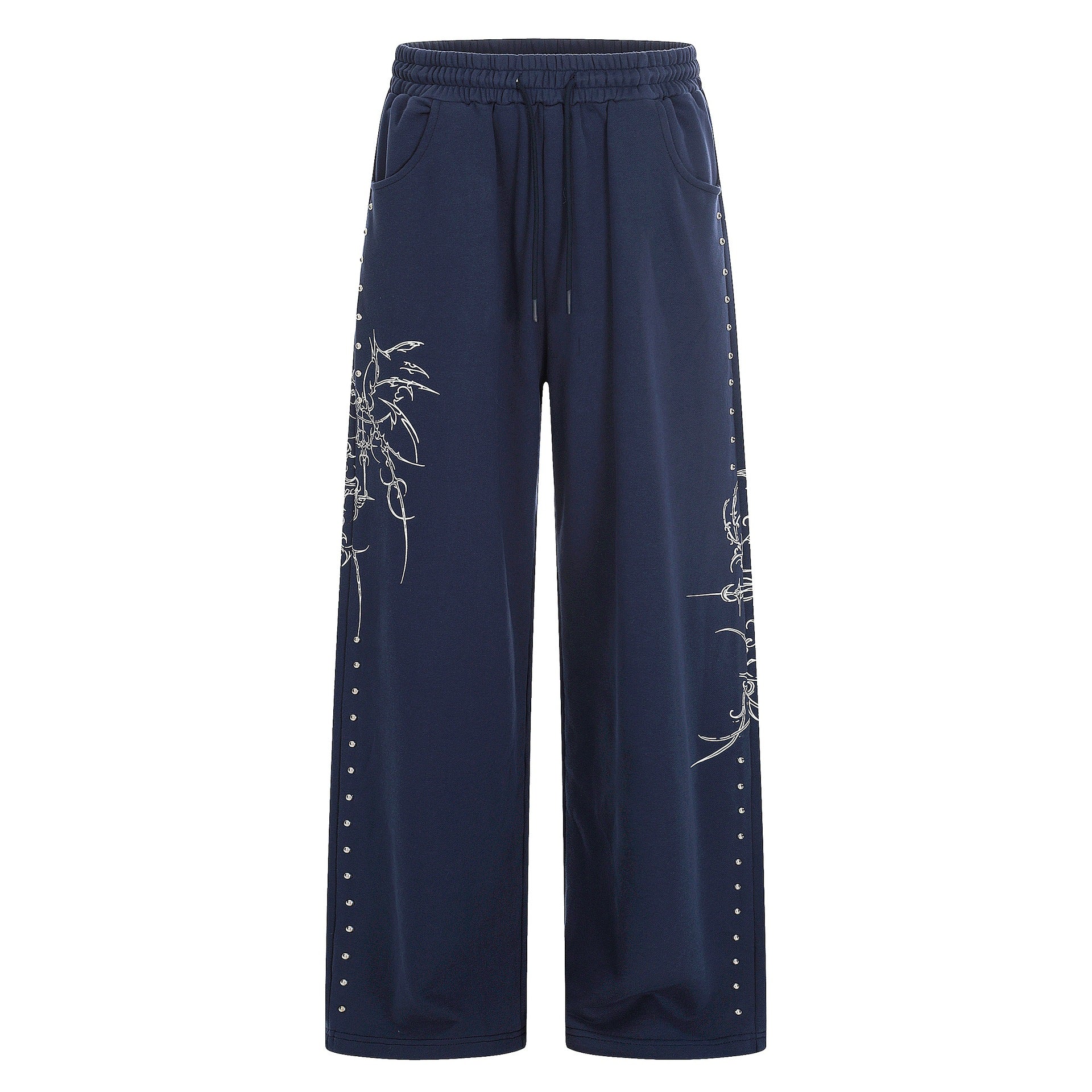 Women's Loose Sweatpants with Drawstring, Decorative Studs and Graphic Print Chichicherry