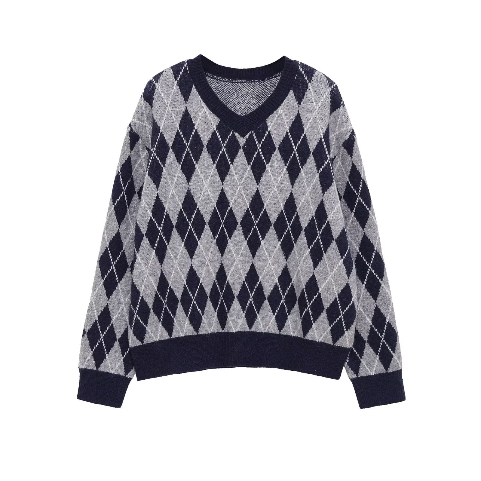 Women's Argyle V-Neck Knitted Sweater with Diamond Pattern Chichicherry