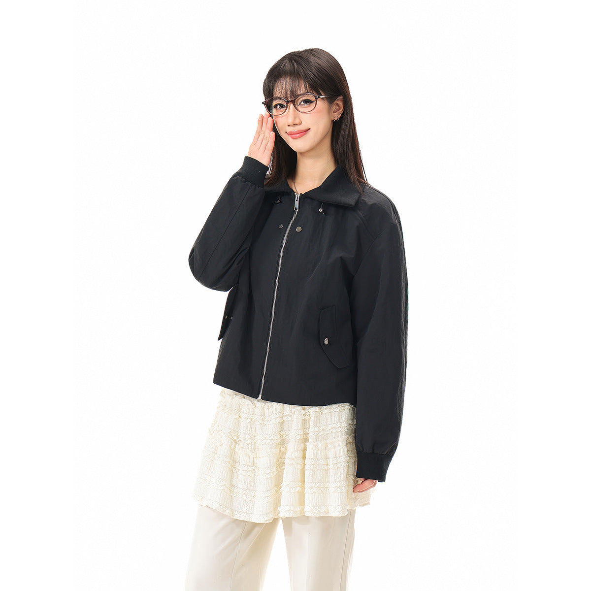 Women's boxy blouson jacket with high stand-up collar, elastic cuffs, and flap pockets Chichicherry