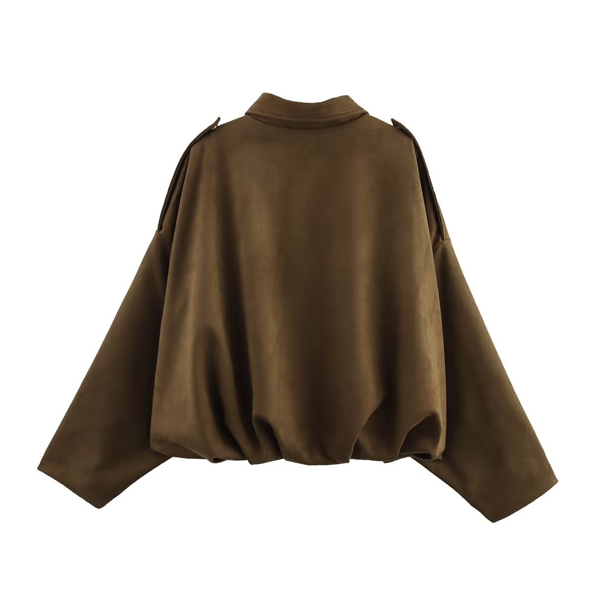 Women short cut oversized suede jacket with shoulder flaps and elastic hem Chichicherry