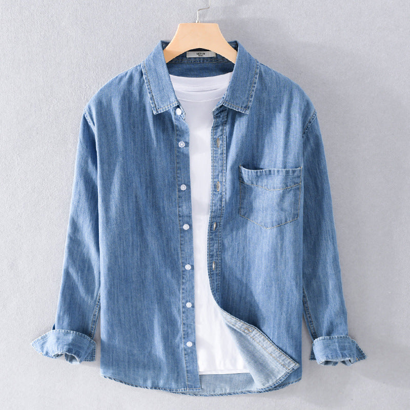 Men's Washed-Denim Overshirt in Relaxed Fit with Chest Pocket and Contrasting Stitching Chichicherry