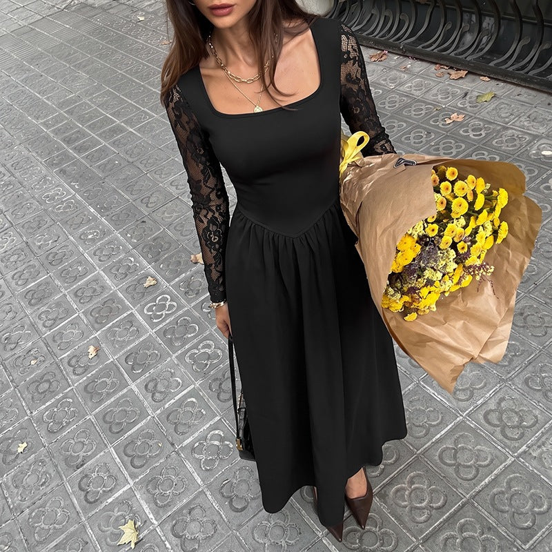 Women Figure-flattering Midi Dress with Lace Sleeves and Square Neckline Chichicherry
