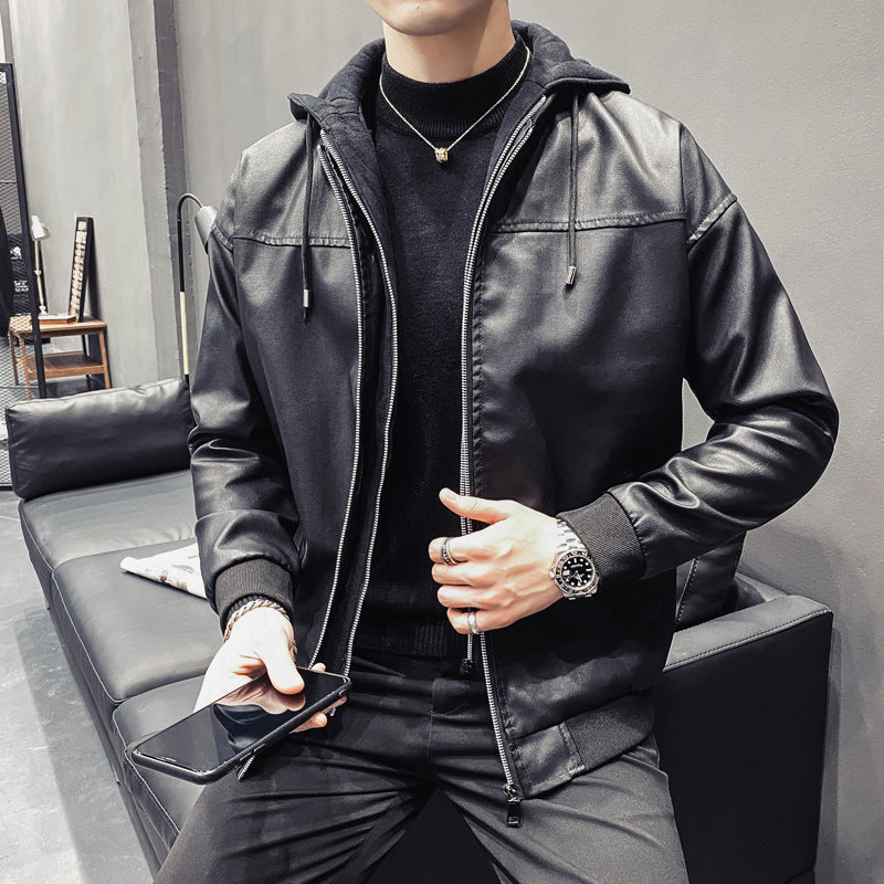 Men's Faux Leather Bomber Jacket with Hood Liner and Ribbed Cuffs Chichicherry