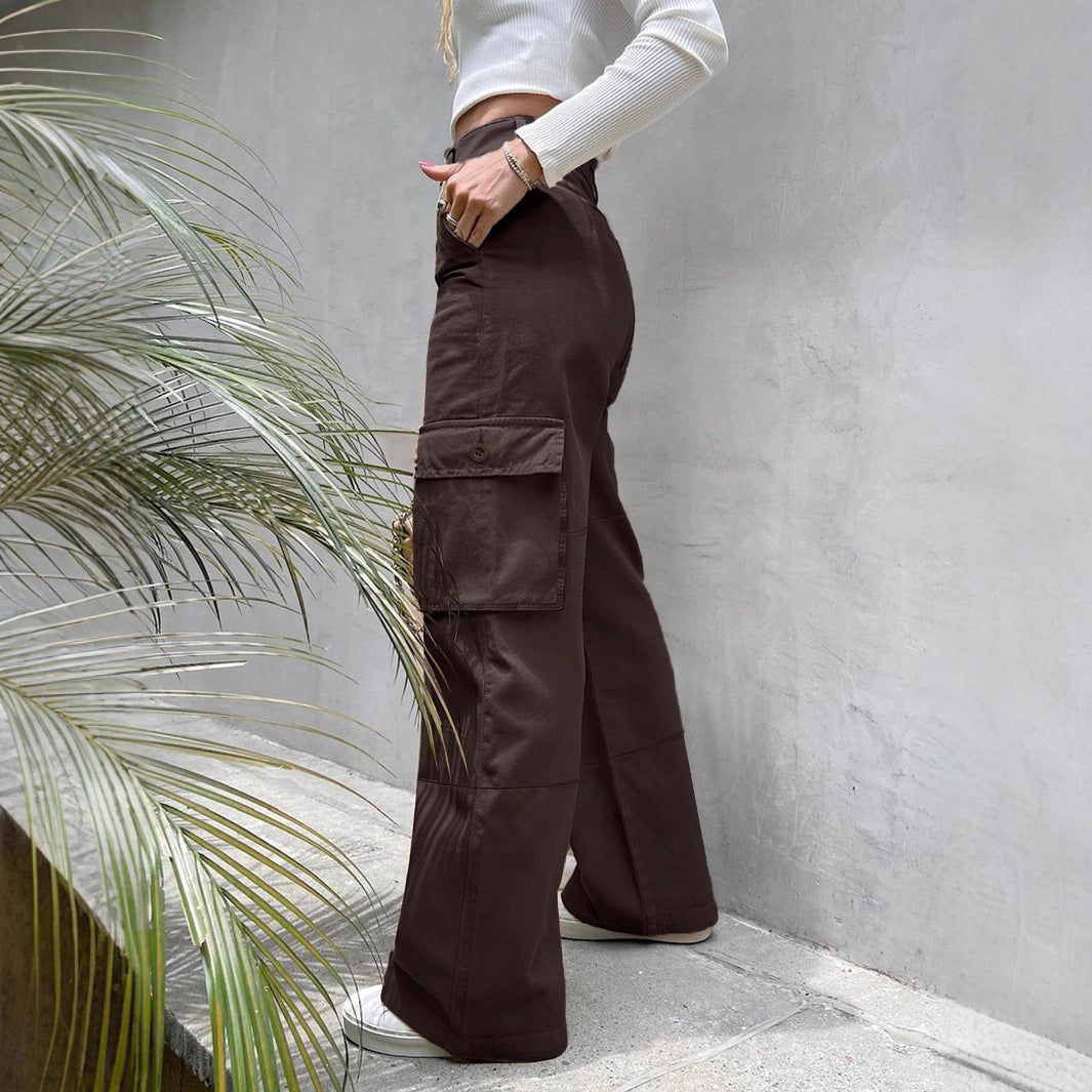 Women's High-Waist Utility Cargo Pants with Wide Leg and Knee Panels Chichicherry