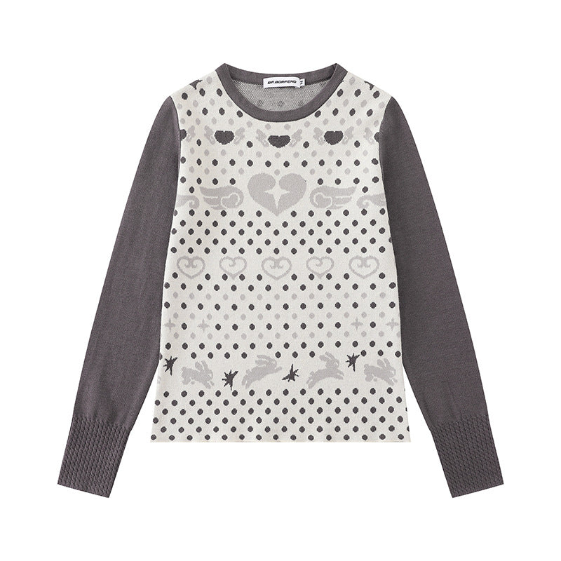 Ladies fine knit pullover with jacquard motif, round neckline and contrast sleeves Chichicherry