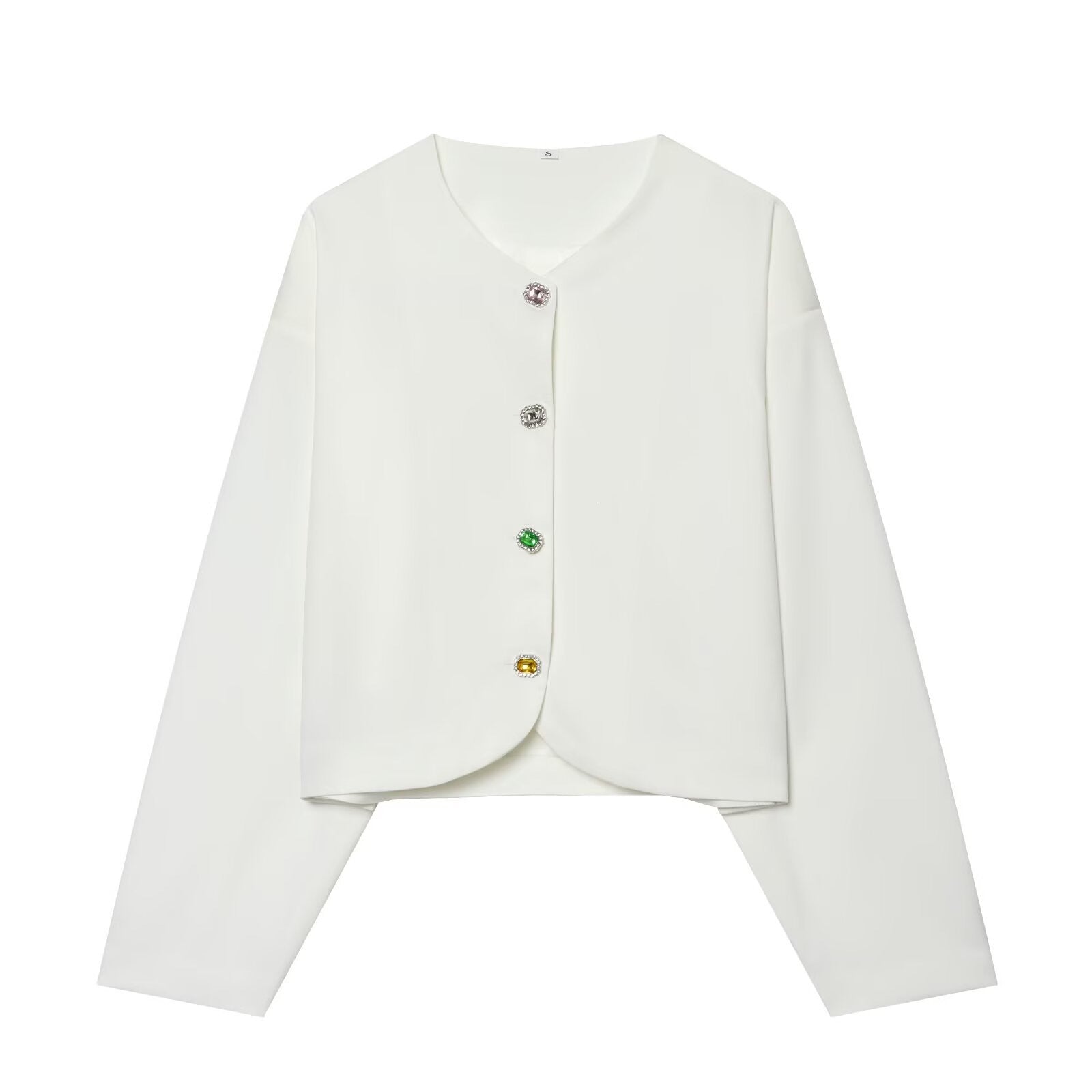 Women's Cropped Boxy Jacket with Decorative Buttons and Round Neckline Chichicherry