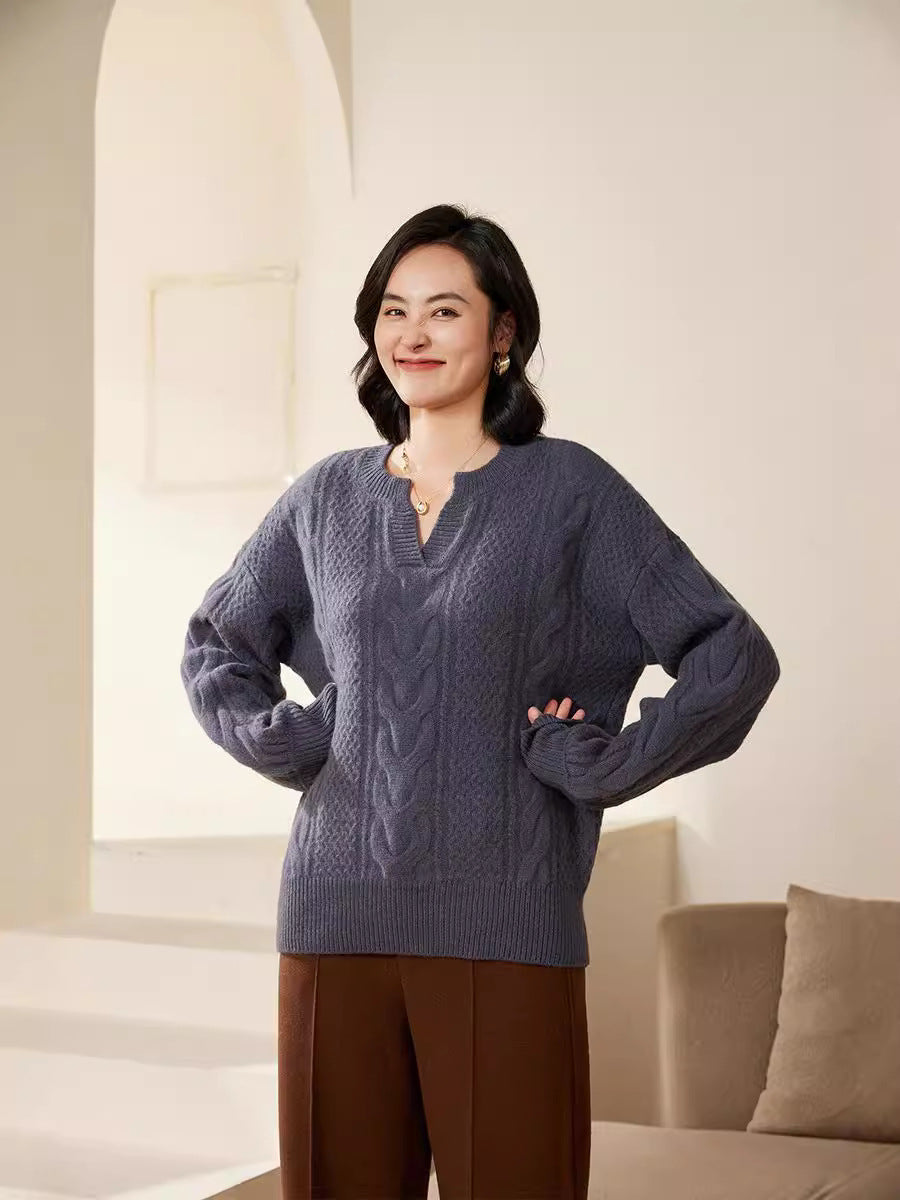 Ladies Oversize Cable Knit Sweater with V-Inset and Cashmere-like Softness Chichicherry