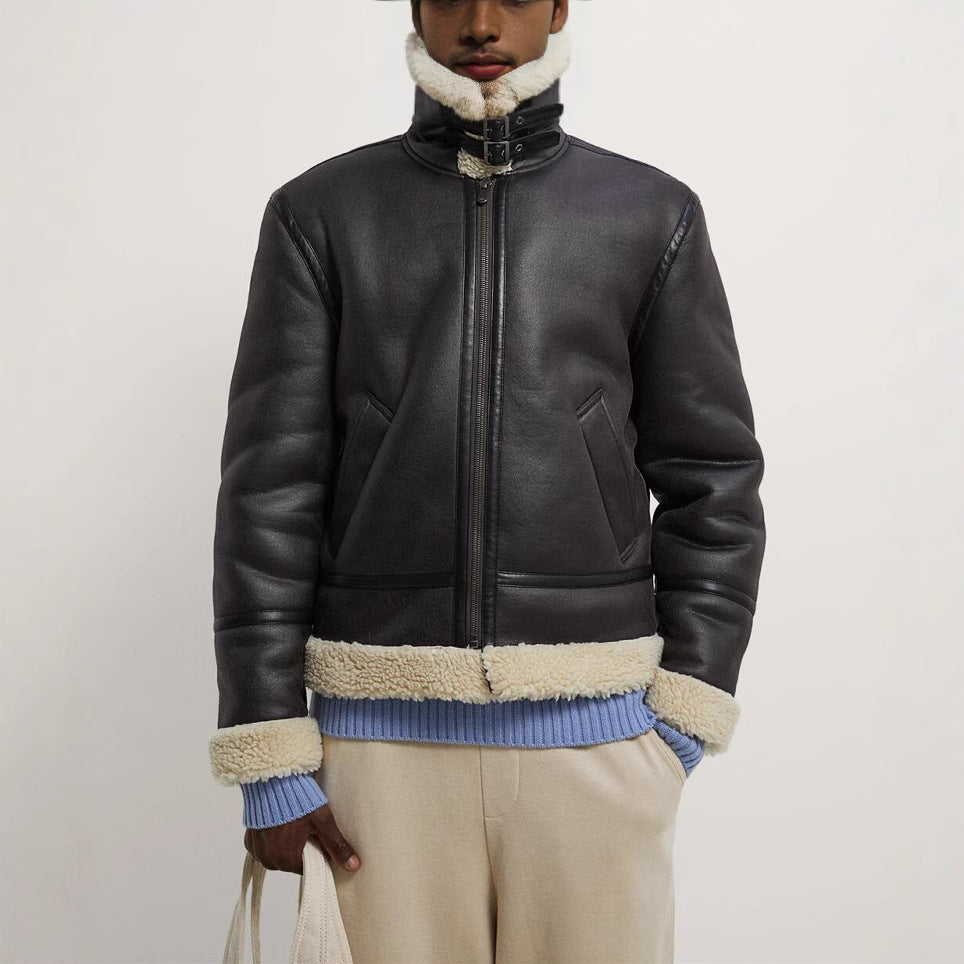 Men's short jacket made of artificial leather with teddy lining and lapel collar Chichicherry