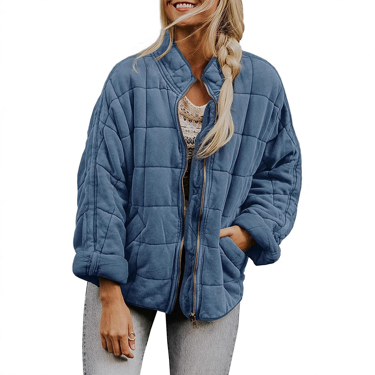 Women's Oversize Quilted Jacket with Zipper and Side Pockets Chichicherry