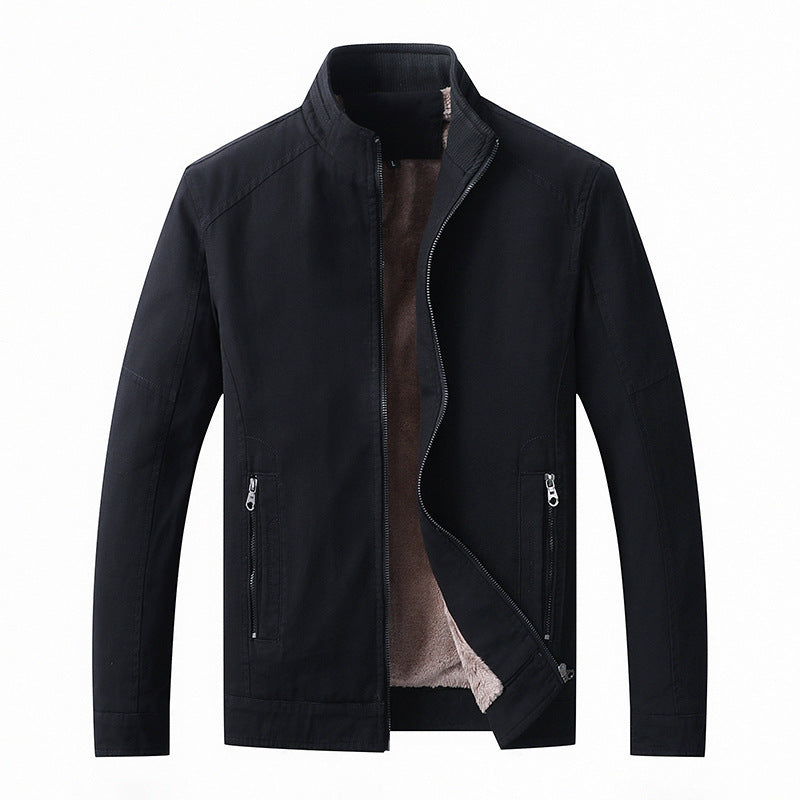 Men's Canvas Field Jacket with Teddy Fleece Lining, Stand Collar and Zipper Chichicherry