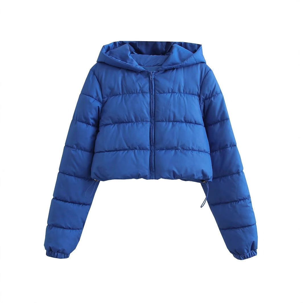 Women Short Quilted Hooded Puffer Jacket with Drawstring and Zipper Chichicherry