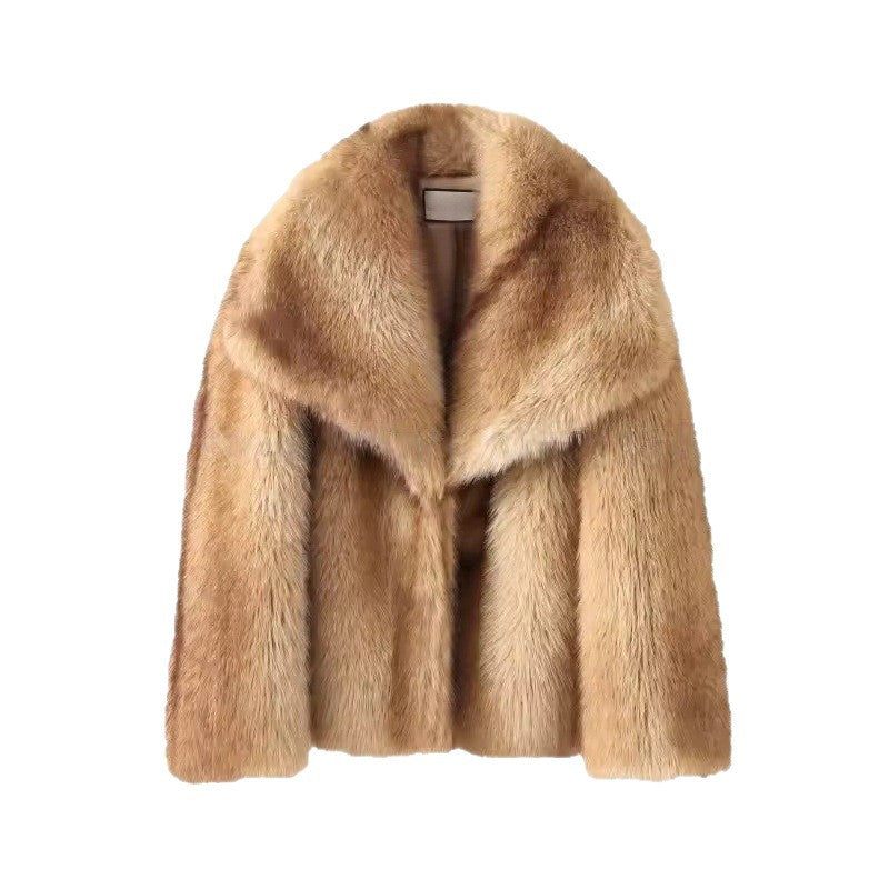 Women's Short Plush Faux Fur Jacket with Wide Shawl Collar and Straight Cut Chichicherry