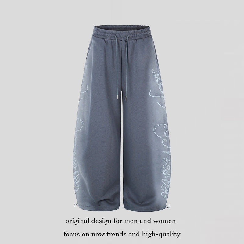 Women's Extra Wide Palazzo Sweatpants with Drawstring Waistband, Adjustable Hem, and Side Script Print Chichicherry