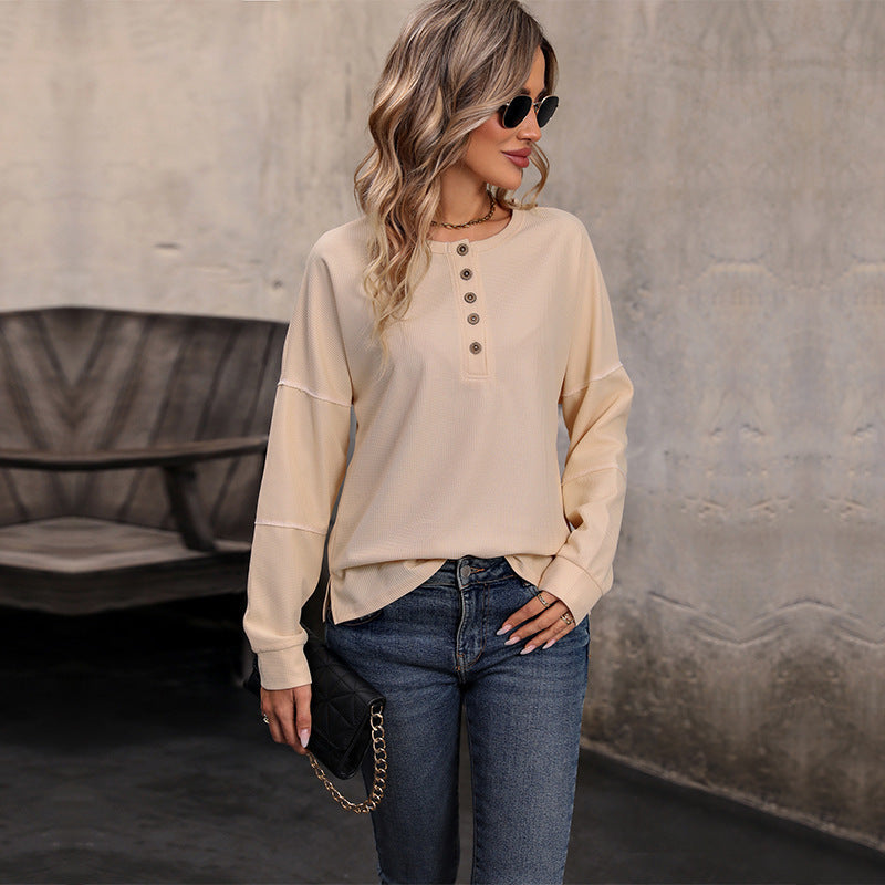 Women's long-sleeve waffle knit Henley shirt with button placket and relaxed fit Chichicherry