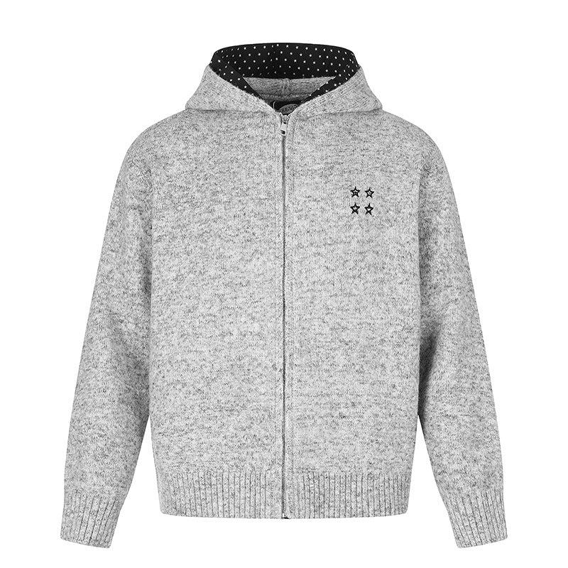 Women's Zip Hoodie Cardigan with Polka Dot Hood Lining and Star Embroidery Chichicherry