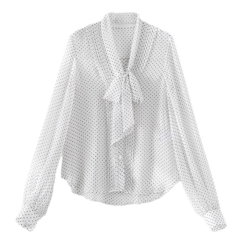 Women's chiffon blouse with bow collar, fine polka dot print and decorative pleats Chichicherry