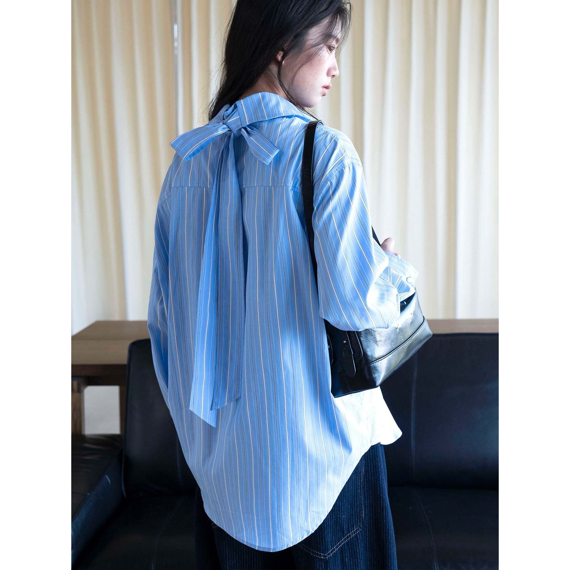 Women's Oversized Shirt Blouse made of Cotton Poplin with Fine Stripes Chichicherry
