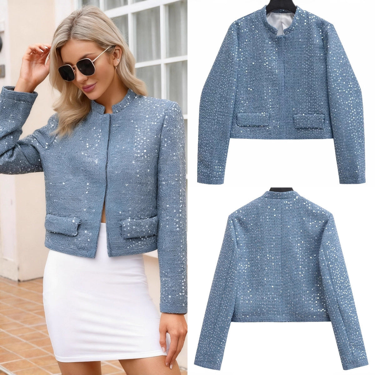 Women's Short Blazer Made of Boucle Tweed with Sequins and Flap Pockets Chichicherry