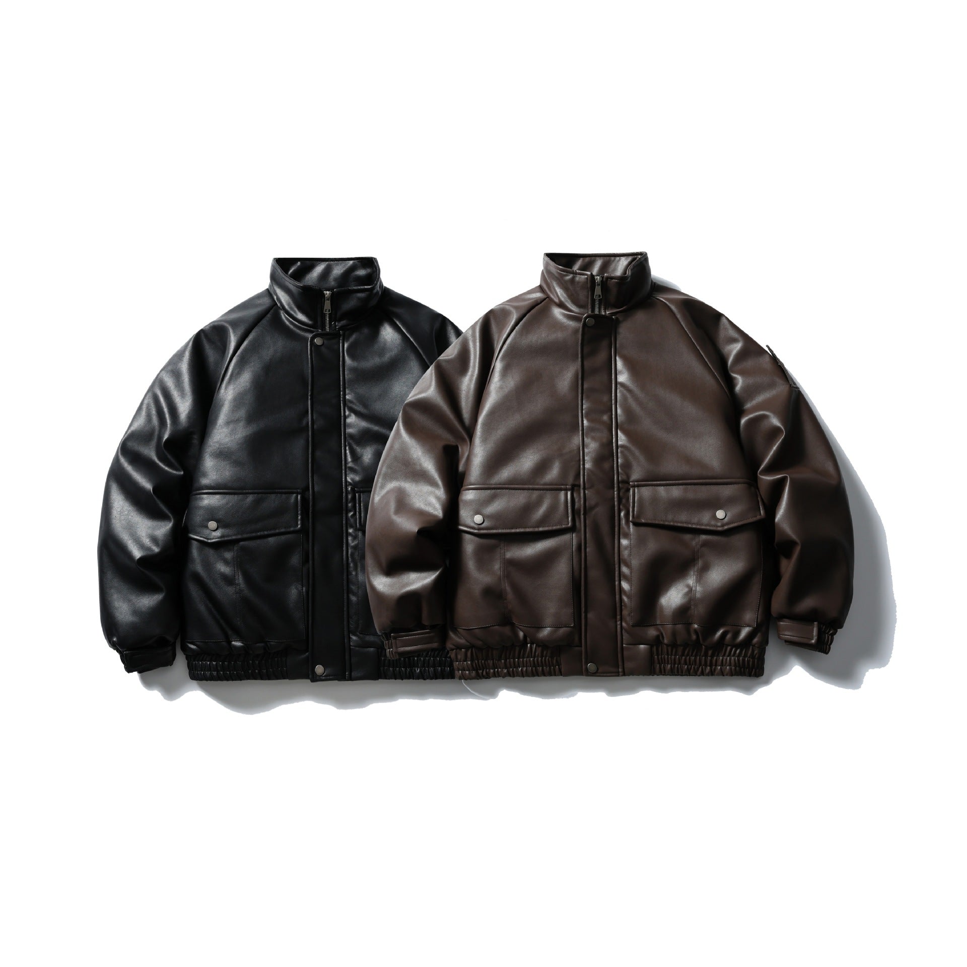 Men's Padded Faux Leather Bomber Jacket with High Stand-up Collar and Flap Pockets Chichicherry
