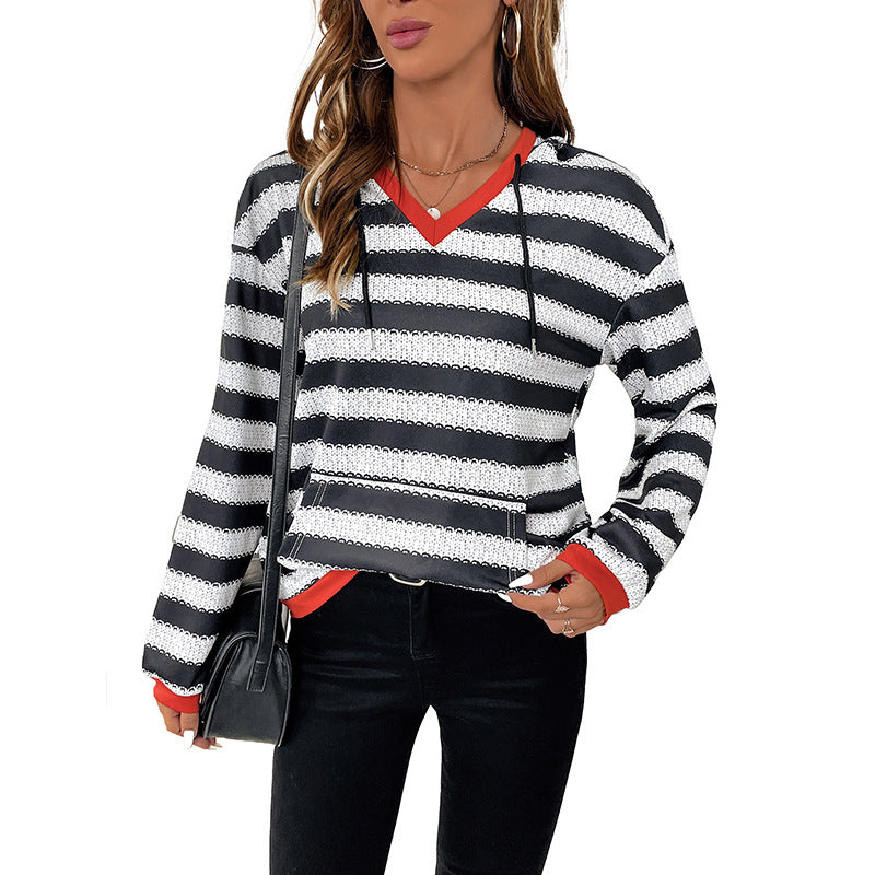 Women's striped knit pullover hoodie with V-neck, kangaroo pocket and contrast cuffs Chichicherry