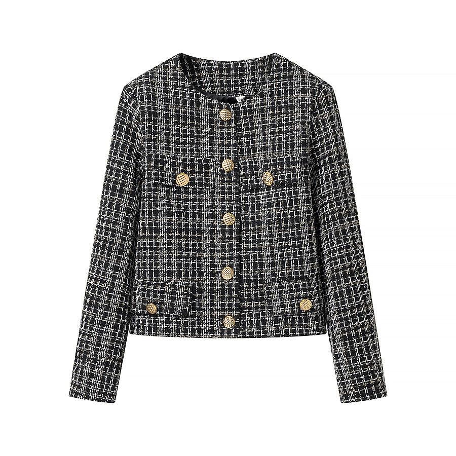 Women's Boucle Tweed Jacket with Round Neckline, Gold Decorative Buttons and Patch Pockets Chichicherry
