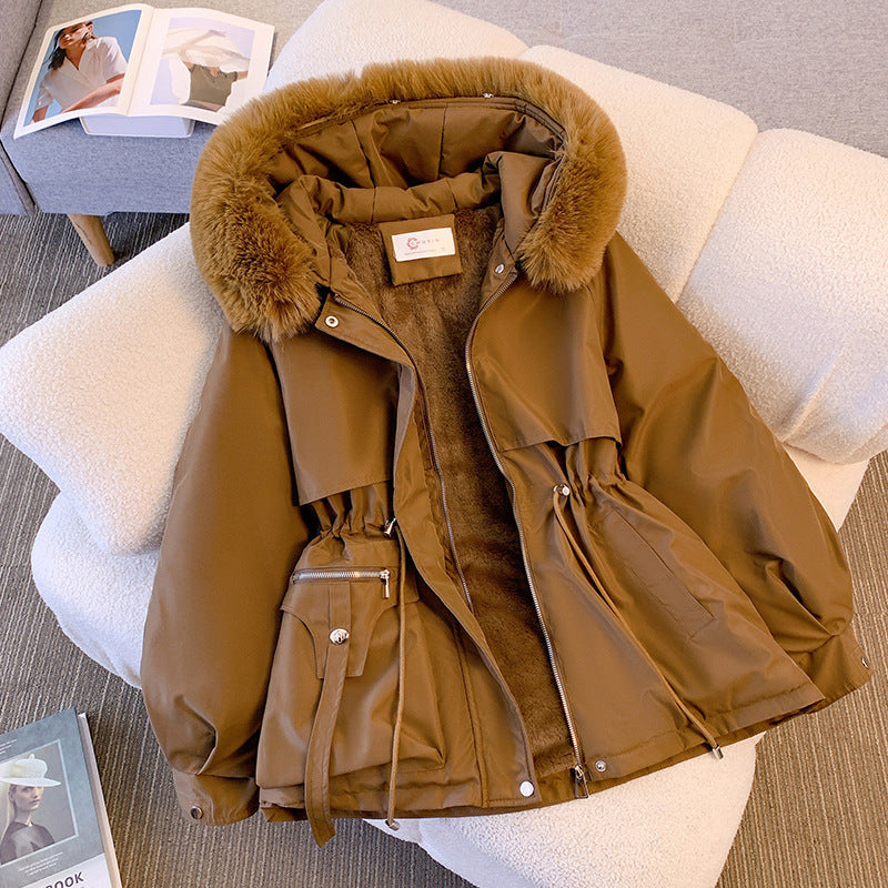 Women's short utility parka with drawstring waist, detachable faux fur collar, and asymmetrical pockets Chichicherry