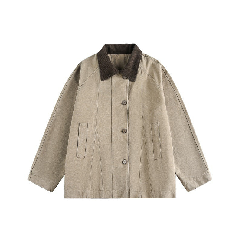 Unisex Short Cut Boxy Denim Jacket with Cord Collar and Tonal Decorative Stitches Chichicherry