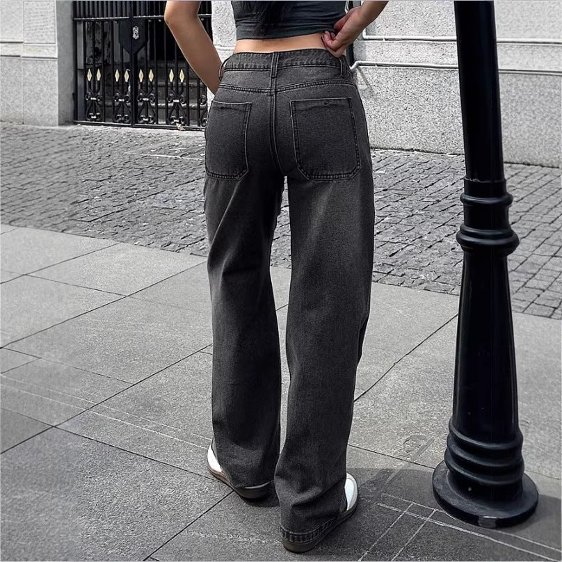 Ladies Wide High-Waist Denim Pants with Straight Leg and Vintage Stitching Chichicherry