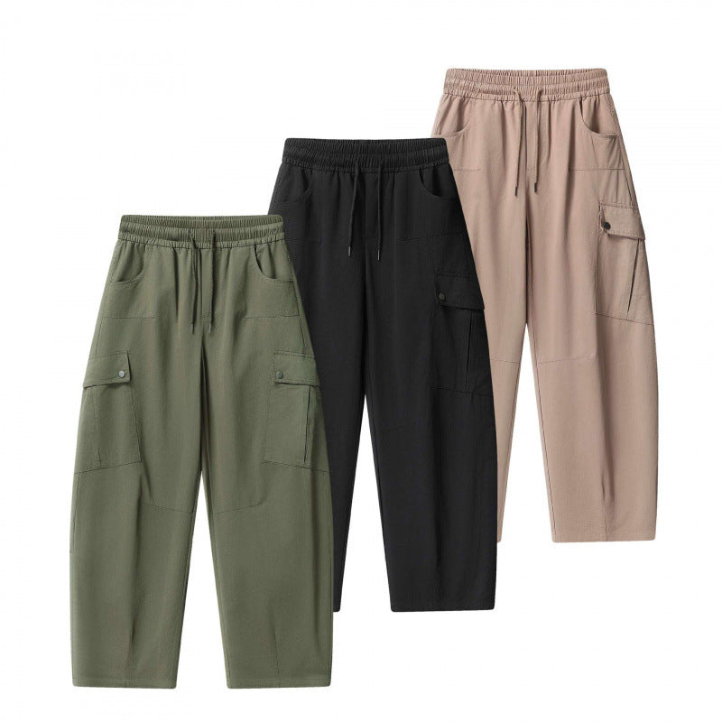 Unisex Loose Cargo Pants with Elastic Waistband, Drawstring and Patch Flap Pockets Chichicherry