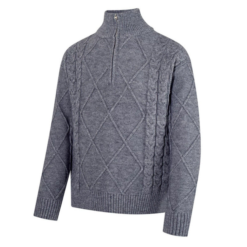 Men's knitted sweater with cable pattern, half zipper and high stand-up collar Chichicherry