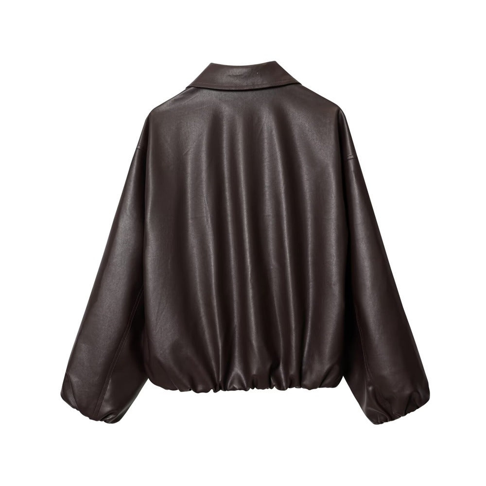 Women's short-cut oversized blouse jacket made of vegan leather with shirt collar and elastic hem Chichicherry