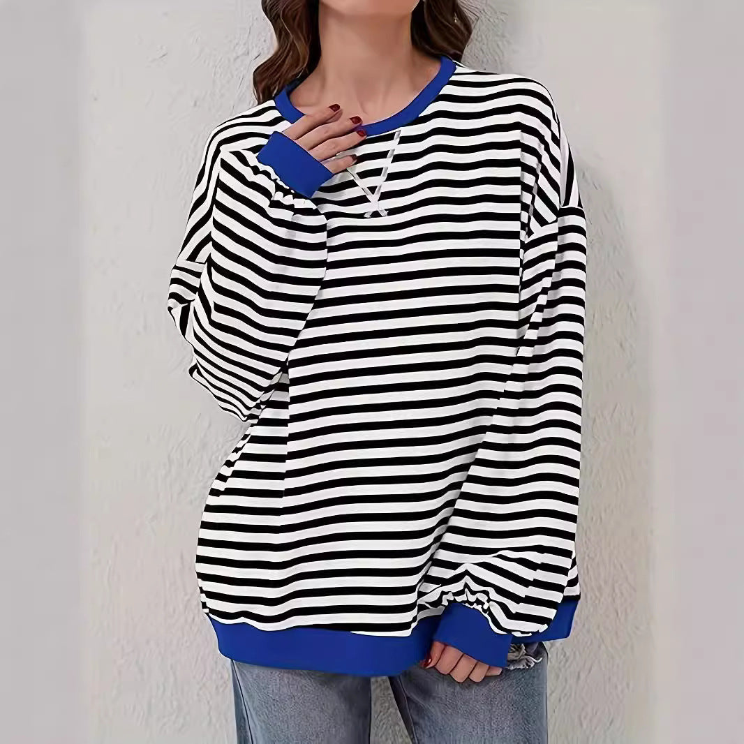 Women Striped Oversized Sweater with Contrast Cuffs Chichicherry