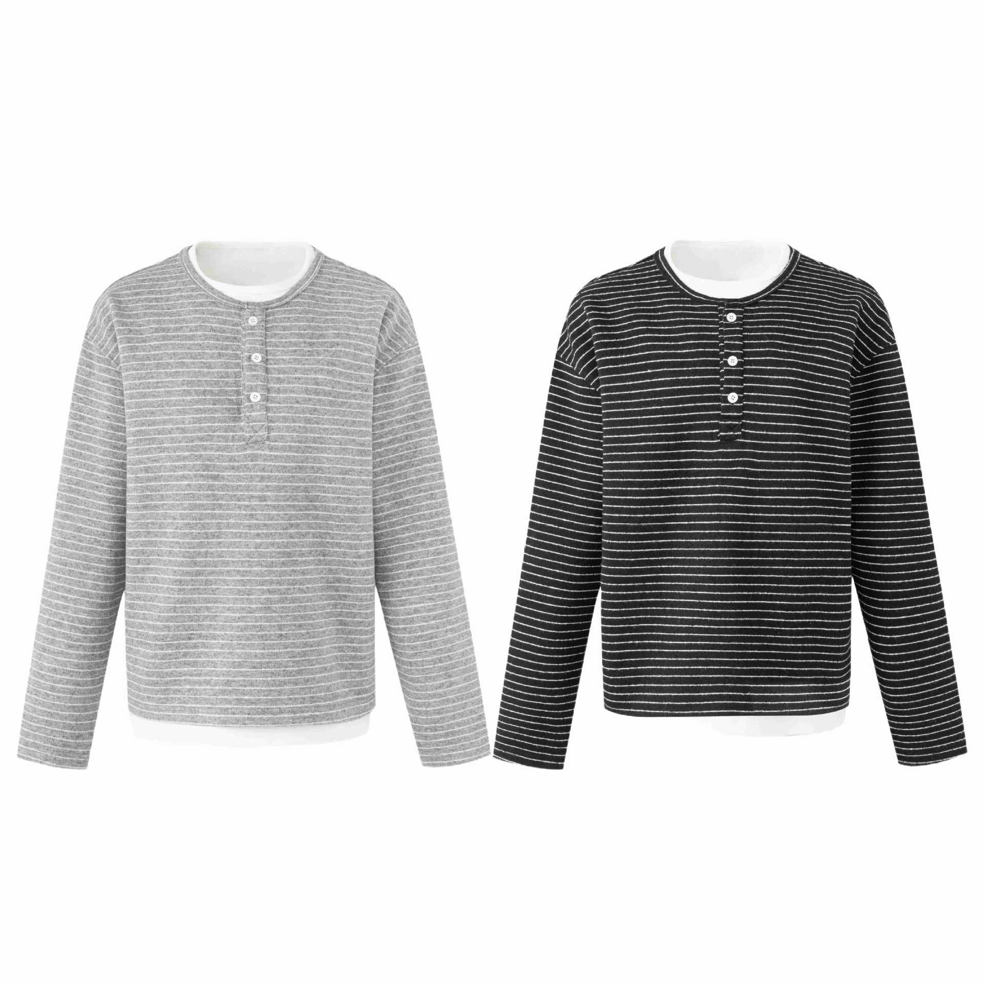 Women's Striped Long Sleeve Henley Shirt with Button Placket and Layered Look Chichicherry