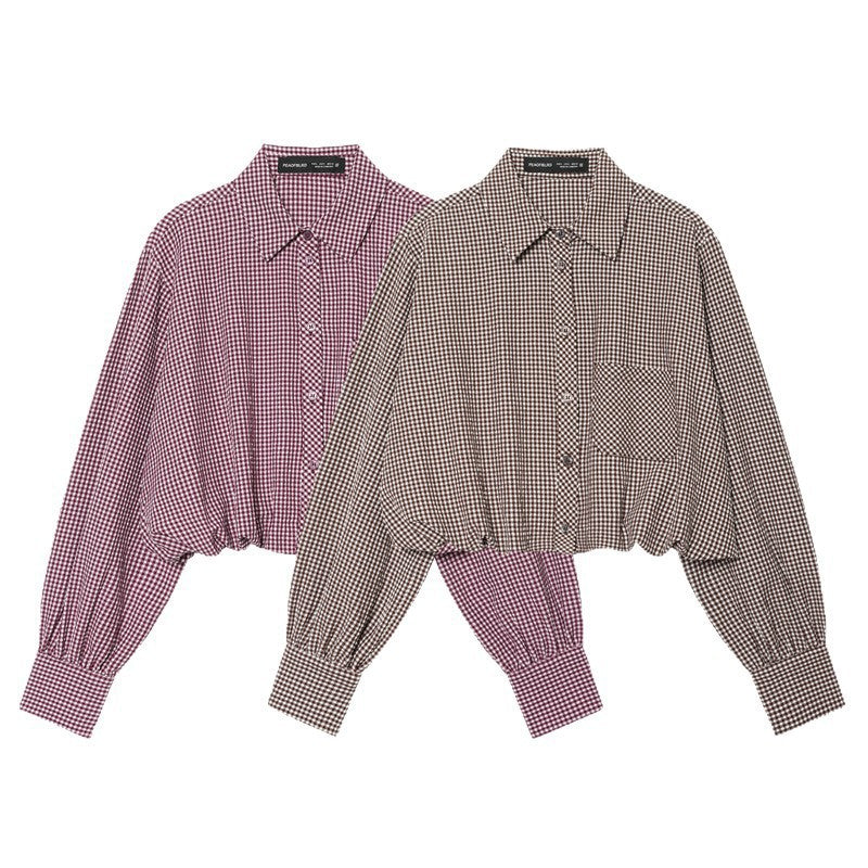 Ladies Short-Cut Checked Blouse with Balloon Sleeves, Elastic Hem and Breast Pocket Chichicherry