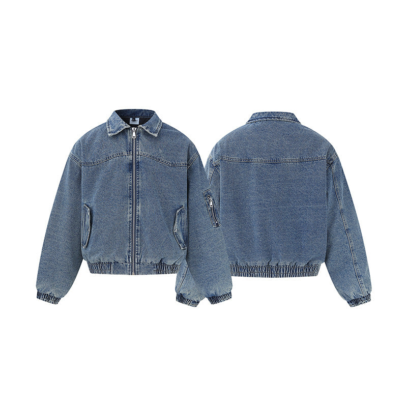 Unisex Boxy Denim Jacket with Full Zip, Elastic Hem and Sleeve Utility Pocket Chichicherry