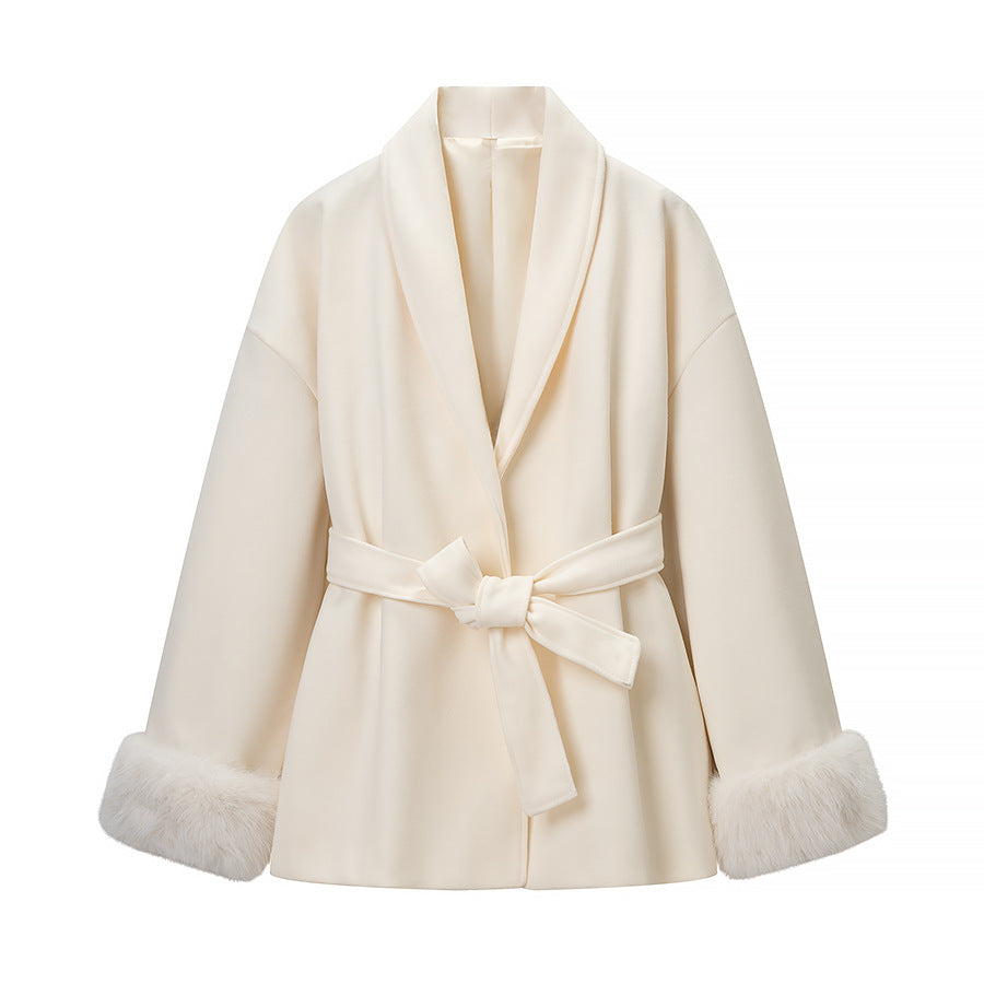 Women’s Wrap Coat with Tie Belt and Fur Trim on the Sleeves Chichicherry