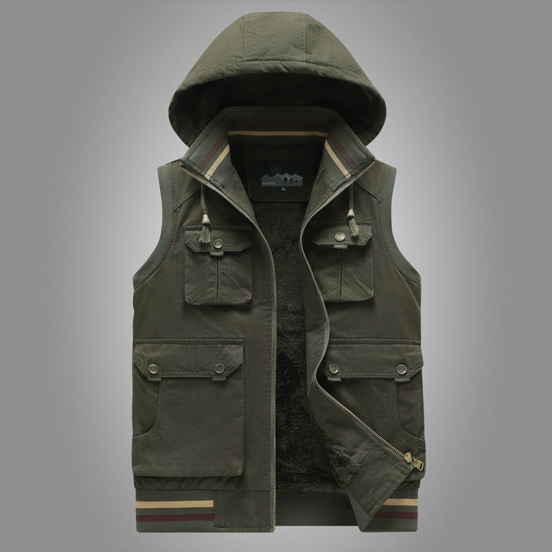 Men's hooded vest with teddy lining and multifunctional utility pockets Chichicherry