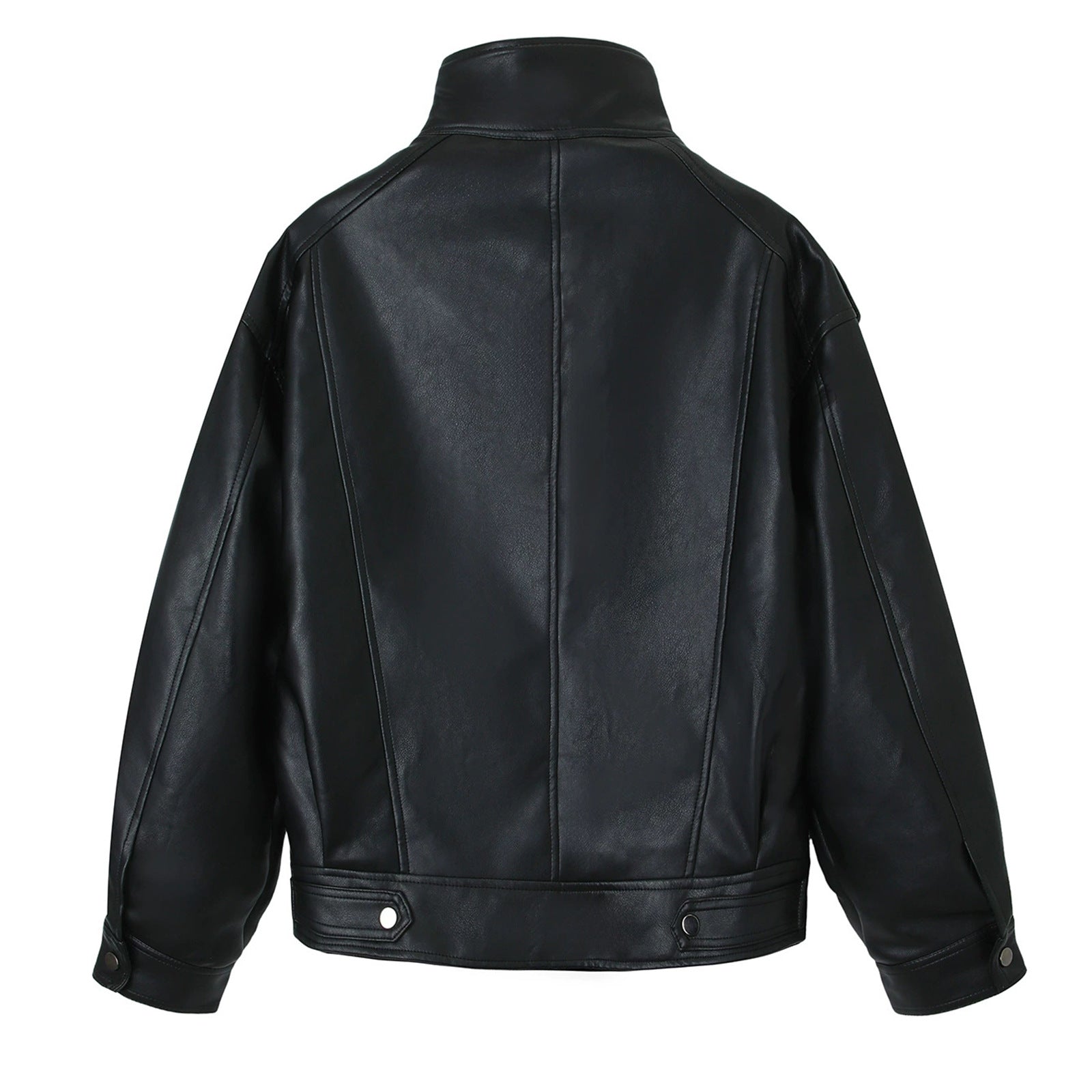 Women Oversized Leather Jacket with High Stand-Up Collar and Shoulder Patches Chichicherry