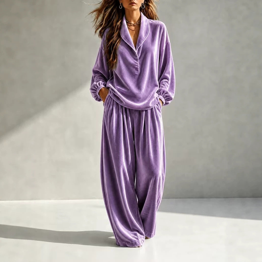 Damen Luxuriöses Velours-Loungewear-Set mit Schalkragen und weiter Palazzo-Hose Chichicherry