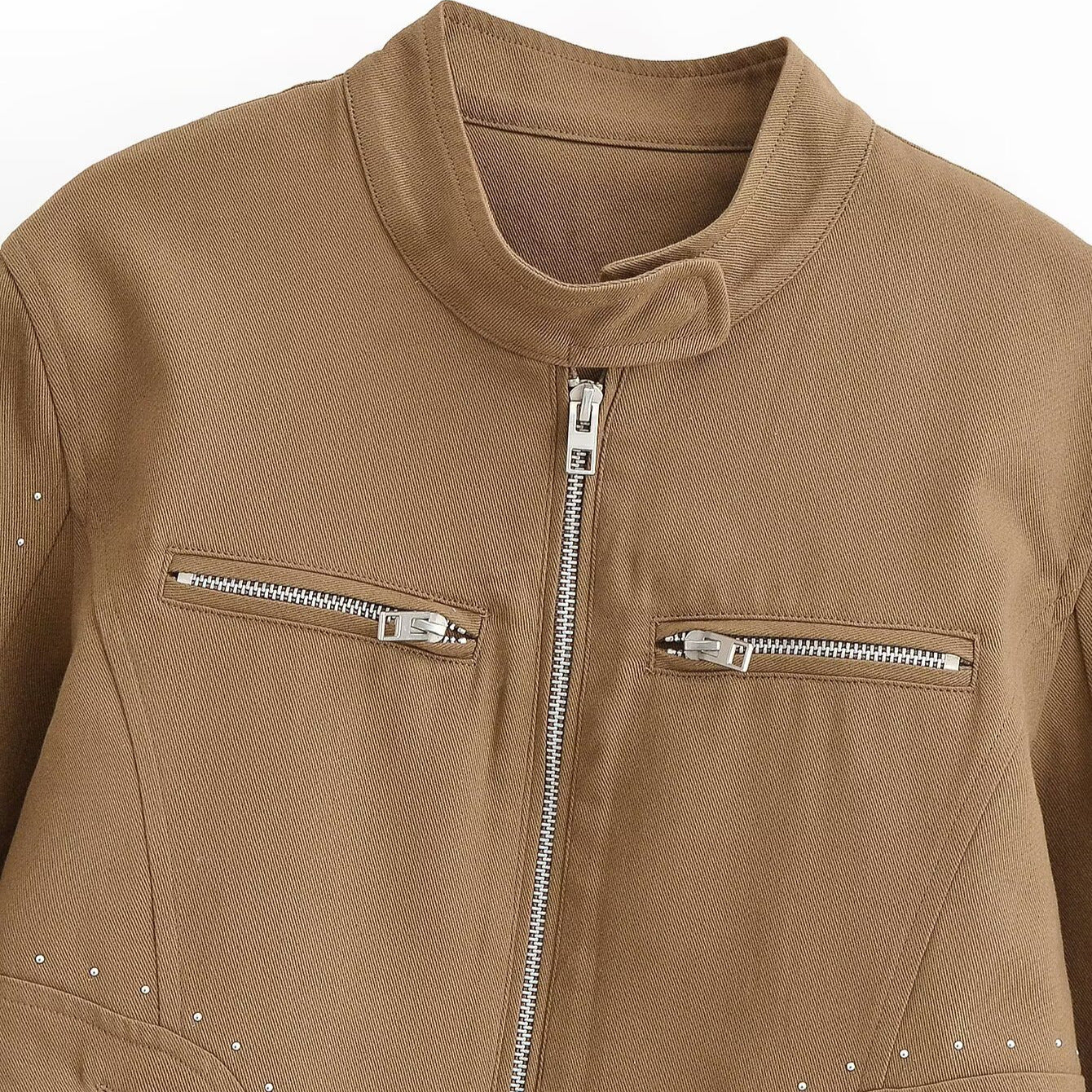Women Short Velvet Look Jacket with Stand-Up Collar, Decorative Seams, Stud Application and Zip Pockets Chichicherry
