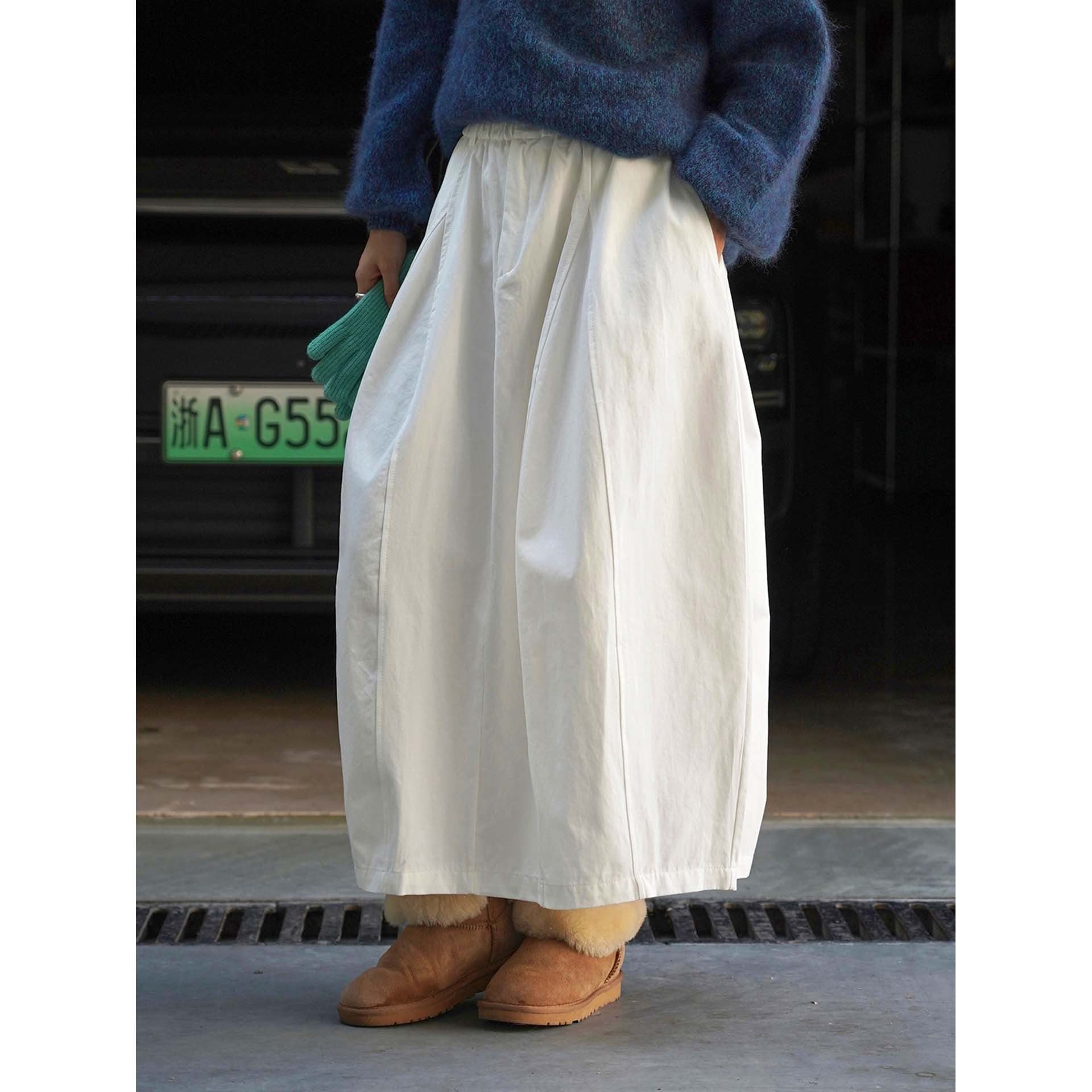 Women Wide Midi-Length Pleated Skirt with Elastic Button Waistband Chichicherry
