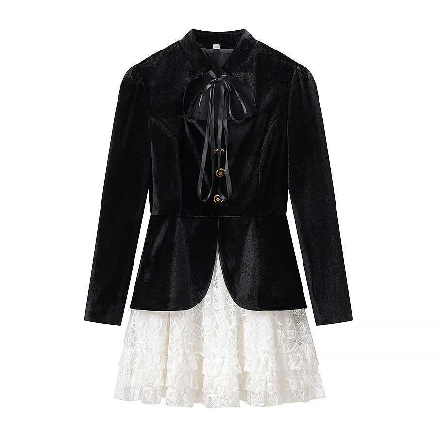 Women Two-Piece Velvet Blazer Dress with Bow Collar and Layered Lace Skirt Chichicherry