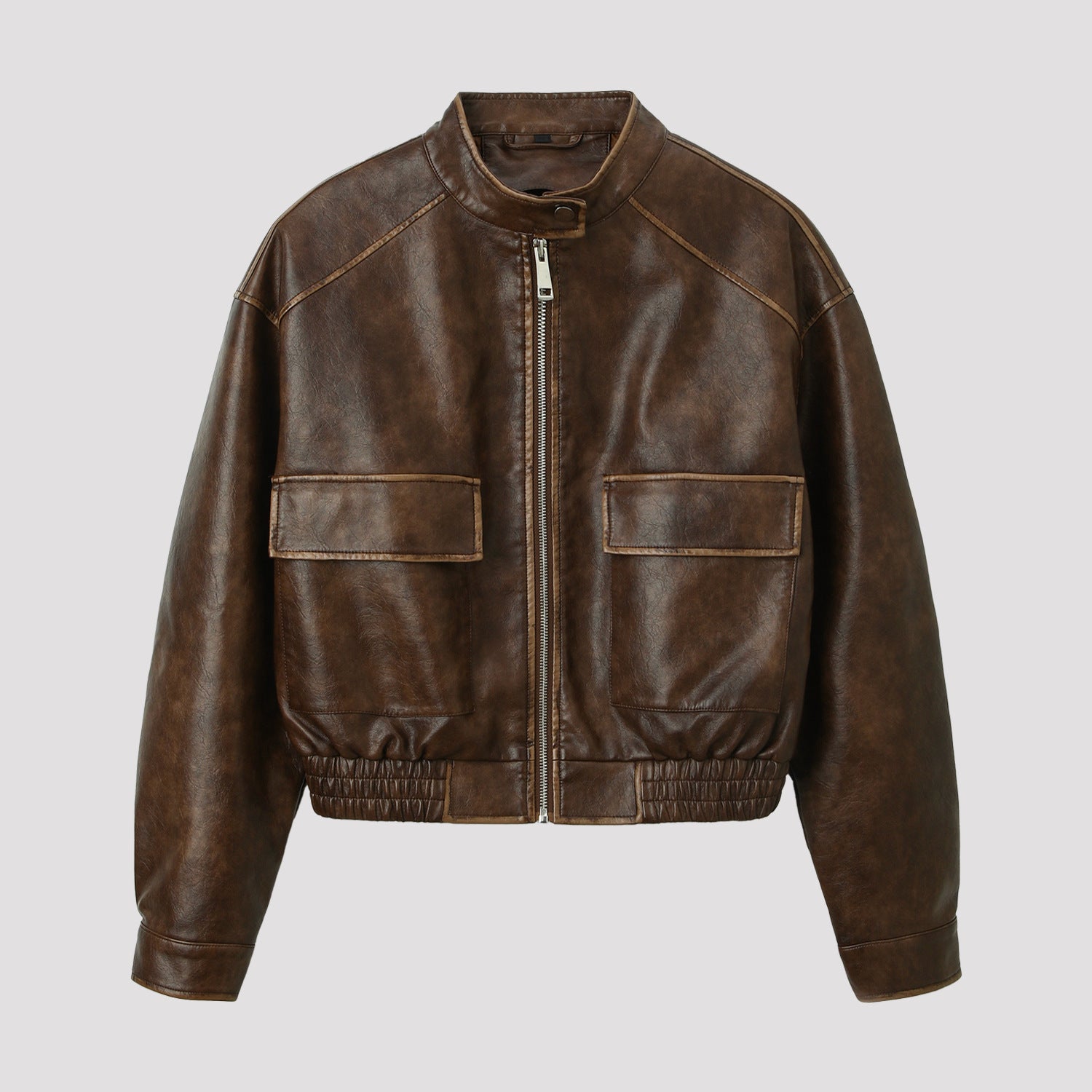Men's Vintage Leather Bomber Jacket with Stand Collar, Flap Pockets and Elastic Waist Chichicherry