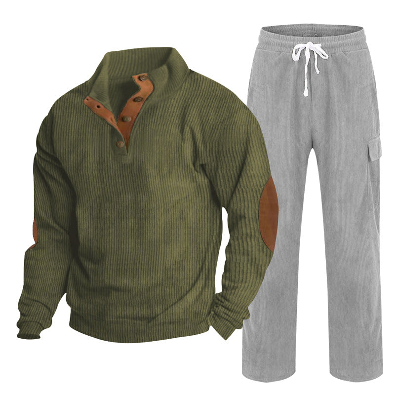 Men's Cozy Leisure Set made of Waffle Knit Henley with Elbow Patch and Relax Cargo Pants Chichicherry