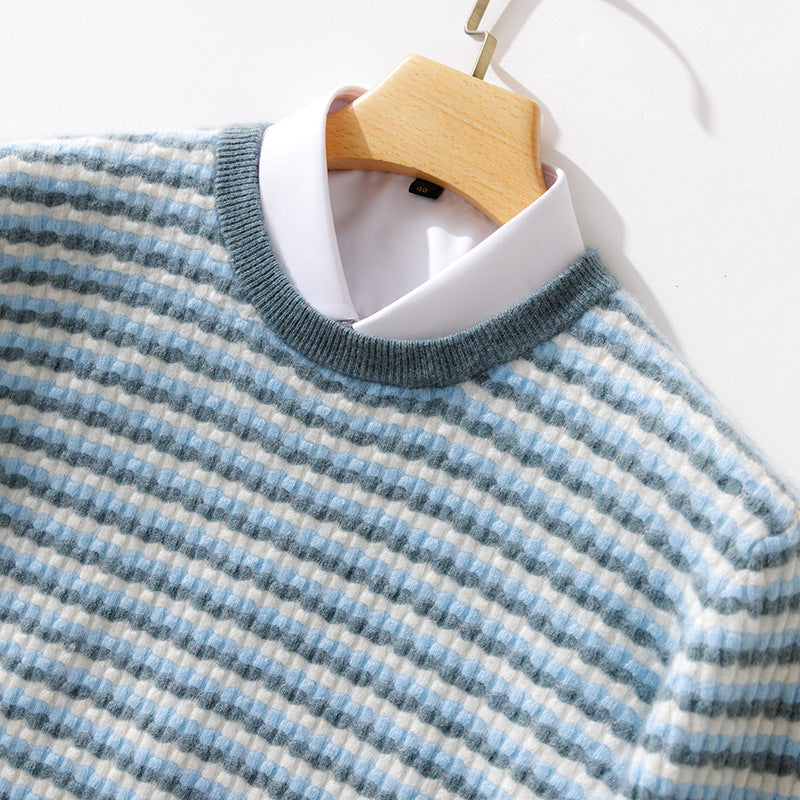Men's fine-structured striped round neck pullover made of wool blend with ribbed cuffs Chichicherry