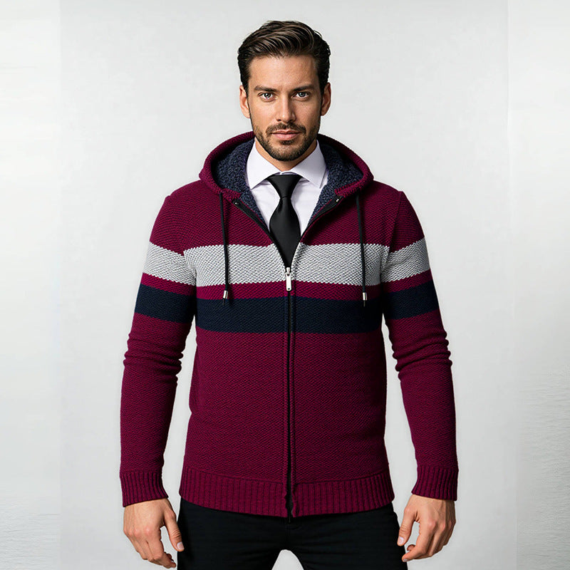 Men's Structured Hooded Cardigan with Contrast Stripes and Full Zip Chichicherry